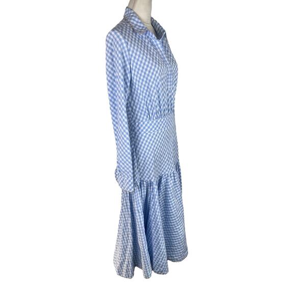 Tish Cox Checked Blue White Print Cotton Midi Shirt Dress Drop Waist Size Large - Picture 2 of 9